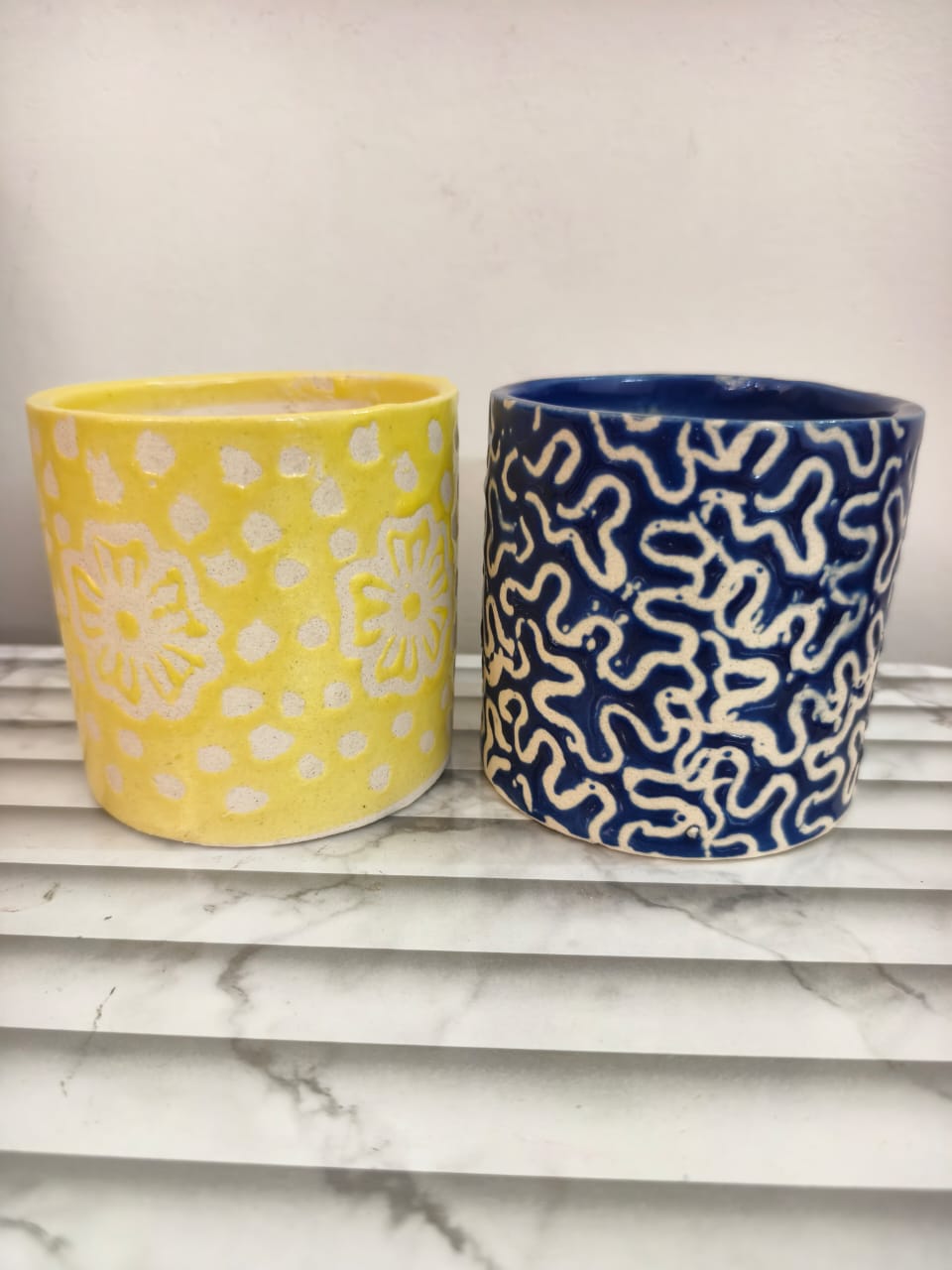 Shreeji Deals™ Ceramic Planter Pots (Set of 2), 4-Inch Tabletop Decor, Handmade Blue & Yellow Floral Textured Design, Eco-Friendly Indoor Pots