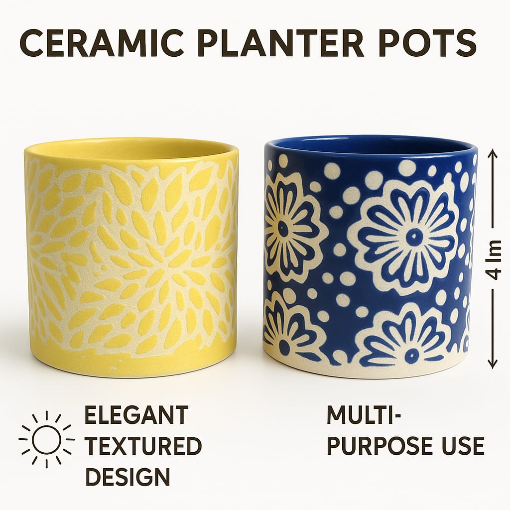 Shreeji Deals™ Ceramic Planter Pots (Set of 2), 4-Inch Tabletop Decor, Handmade Blue & Yellow Floral Textured Design, Eco-Friendly Indoor Pots