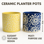 Shreeji Deals™ Ceramic Planter Pots (Set of 2), 4-Inch Tabletop Decor, Handmade Blue & Yellow Floral Textured Design, Eco-Friendly Indoor Pots