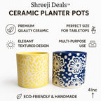 Shreeji Deals™ Ceramic Planter Pots (Set of 2), 4-Inch Tabletop Decor, Handmade Blue & Yellow Floral Textured Design, Eco-Friendly Indoor Pots