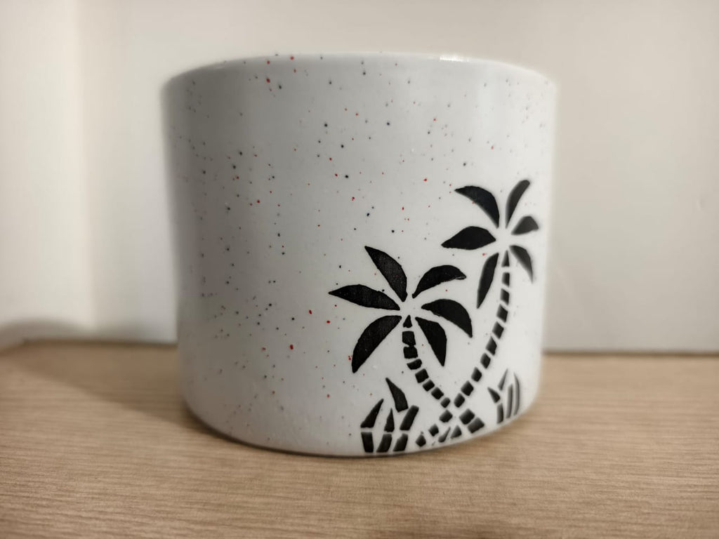 Small Ceramic Planter Pot with Palm Tree Design, White Speckled Indoor Plant Holder, Tropical & Modern Decorative Accent