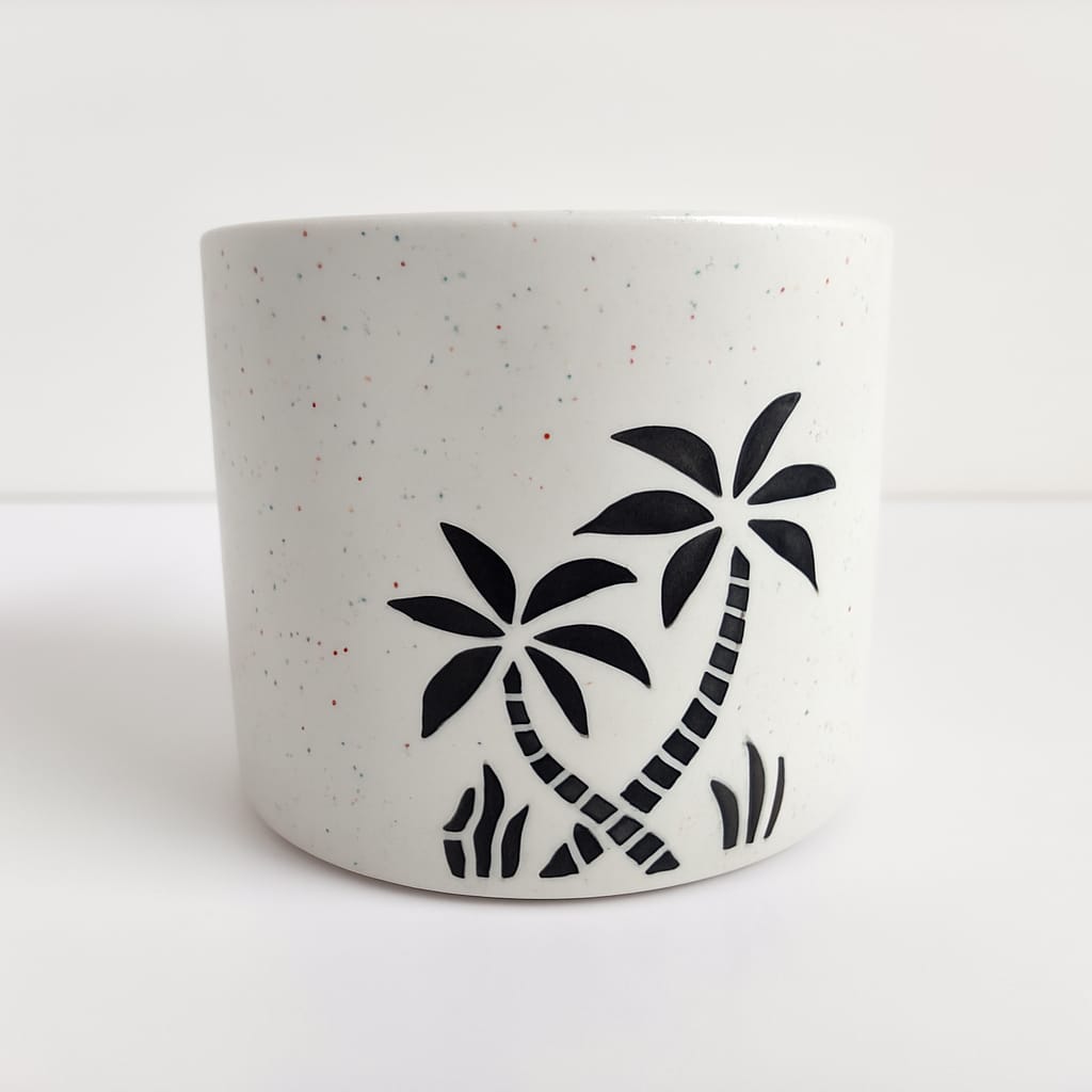 Small Ceramic Planter Pot with Palm Tree Design, White Speckled Indoor Plant Holder, Tropical & Modern Decorative Accent