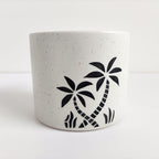 Small Ceramic Planter Pot with Palm Tree Design, White Speckled Indoor Plant Holder, Tropical & Modern Decorative Accent