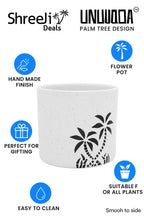 Small Ceramic Planter Pot with Palm Tree Design, White Speckled Indoor Plant Holder, Tropical & Modern Decorative Accent