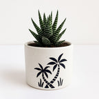 Small Ceramic Planter Pot with Palm Tree Design, White Speckled Indoor Plant Holder, Tropical & Modern Decorative Accent