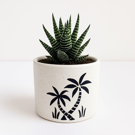Small Ceramic Planter Pot with Palm Tree Design, White Speckled Indoor Plant Holder, Tropical & Modern Decorative Accent