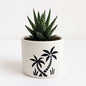 Small Ceramic Planter Pot with Palm Tree Design, White Speckled Indoor Plant Holder, Tropical & Modern Decorative Accent