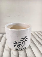 Small Ceramic Planter Pot with Palm Tree Design, White Speckled Indoor Plant Holder, Tropical & Modern Decorative Accent